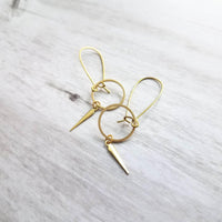 Long Gold Boho Earrings, antique brass earring, oxidized brass, lightweight earring, gold kidney hooks, gold circle earring, spike spear - Constant Baubling