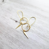 Long Gold Boho Earrings, antique brass earring, oxidized brass, lightweight earring, gold kidney hooks, gold circle earring, spike spear - Constant Baubling