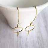 Long Gold Boho Earrings, antique brass earring, oxidized brass, lightweight earring, gold kidney hooks, gold circle earring, spike spear - Constant Baubling