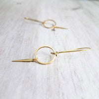 Long Gold Boho Earrings, antique brass earring, oxidized brass, lightweight earring, gold kidney hooks, gold circle earring, spike spear - Constant Baubling