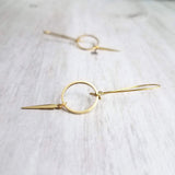 Long Gold Boho Earrings, antique brass earring, oxidized brass, lightweight earring, gold kidney hooks, gold circle earring, spike spear - Constant Baubling