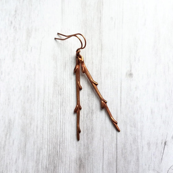 Copper Stick Earrings - long thin straight tree branch charm dangles on antique/oxidized finish hooks, handmade fall nature jewelry gift - Constant Baubling
