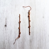 Copper Stick Earrings - long thin straight tree branch charm dangles on antique/oxidized finish hooks, handmade fall nature jewelry gift - Constant Baubling