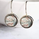 Detroit Michigan Jewelry - silver leverback hook earrings with tiny metro area city map - Livonia Berkley Wayne Dearborn Highland Park gift - Constant Baubling