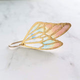 Wing Earrings, 14K SOLID or gold fill hook, 2 inch earring, rainbow butterfly earring, angel earring, stained glass fabric, long large wing - Constant Baubling