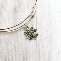 Spiderweb Bracelet, Halloween bracelet, spider bracelet, Halloween jewelry, silver wire bangle, spider charm October birthday trick or treat - Constant Baubling