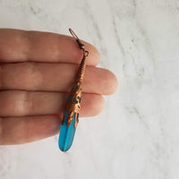 Long Copper Sea Glass Earrings - frosted elongated narrow teal blue teardrop in ornate lacy filigree oxidized antiqued thin cone wrap 3 inch - Constant Baubling