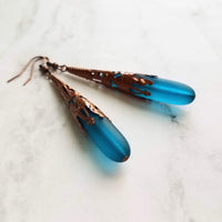 Long Copper Sea Glass Earrings - frosted elongated narrow teal blue teardrop in ornate lacy filigree oxidized antiqued thin cone wrap 3 inch - Constant Baubling