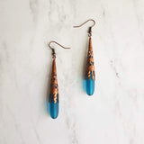 Long Copper Sea Glass Earrings - frosted elongated narrow teal blue teardrop in ornate lacy filigree oxidized antiqued thin cone wrap 3 inch - Constant Baubling