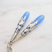 Long Silver Drop Earrings - frosted elongated periwinkle blue/violet sea glass teardrop in thin ornate lacy filigree cone wrap - 3 inch - Constant Baubling