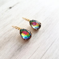 Swarovski Crystal Teardrop Earrings, large crystal earring, rainbow crystal earring, jewel tone earrings, gold crystal earring, vitrail drop - Constant Baubling