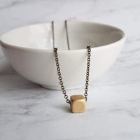 Gold Cube Necklace - solid square brass slider bead on delicate 20 inch silver black chain - minimalist everyday simple plain necklace gift - Constant Baubling