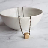 Gold Cube Necklace - solid square brass slider bead on delicate 20 inch silver black chain - minimalist everyday simple plain necklace gift - Constant Baubling