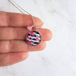 Navy White Stripe Necklace - floral overlay round 1 inch pendant/baby pink glass flower charm - thin silver chain - tween/teen girl gift - Constant Baubling