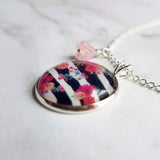 Navy White Stripe Necklace - floral overlay round 1 inch pendant/baby pink glass flower charm - thin silver chain - tween/teen girl gift - Constant Baubling