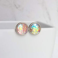 Gold Mermaid Earring, small round studs, gold hypoallergenic studs, rainbow fish earring, fish scale earring, gold opal earring, gold studs - Constant Baubling