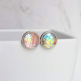 Gold Mermaid Earring, small round studs, gold hypoallergenic studs, rainbow fish earring, fish scale earring, gold opal earring, gold studs - Constant Baubling