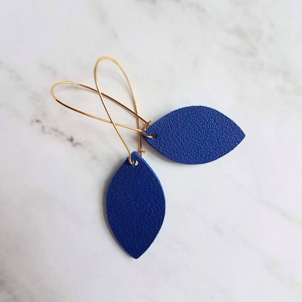 Blue Gold Earrings, royal blue earring, blue imitation leather earring, gold navy blue earring, faux leather cobalt leather leaf kidney hook - Constant Baubling