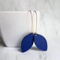 Blue Gold Earrings, royal blue earring, blue imitation leather earring, gold navy blue earring, faux leather cobalt leather leaf kidney hook - Constant Baubling