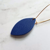 Blue Gold Earrings, royal blue earring, blue imitation leather earring, gold navy blue earring, faux leather cobalt leather leaf kidney hook - Constant Baubling