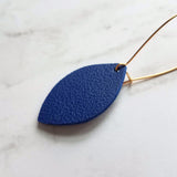 Blue Gold Earrings, royal blue earring, blue imitation leather earring, gold navy blue earring, faux leather cobalt leather leaf kidney hook - Constant Baubling