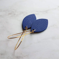Blue Gold Earrings, royal blue earring, blue imitation leather earring, gold navy blue earring, faux leather cobalt leather leaf kidney hook - Constant Baubling