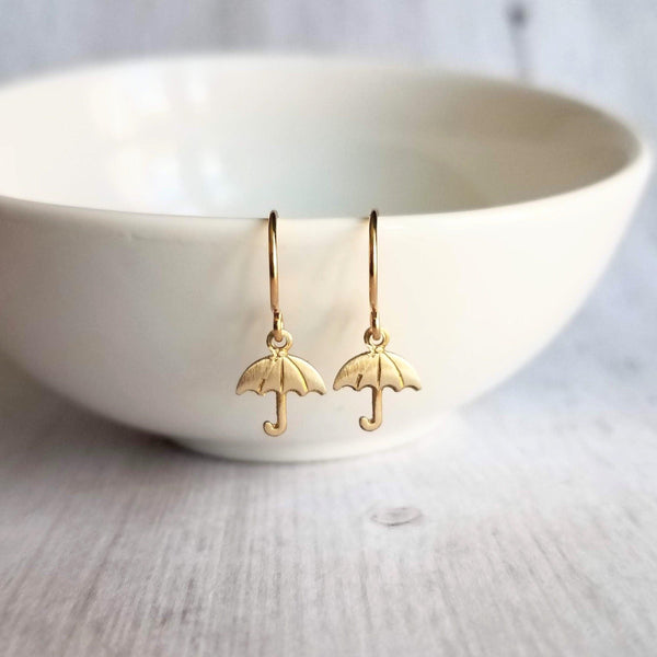 Tiny Gold Umbrella Earrings - little rainy day storm weather charm dangles - small simple ear hooks - handmade cheer up gift for her - Constant Baubling