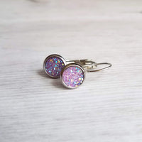 Purple Rock Earrings - light lilac rough bumpy faux rock drusy on steel latching leverback - jagged iridescent drusy stone imitation - Constant Baubling