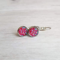 Pink Red Drusy Earring - rough bumpy faux rock druzy/hypoallergenic stainless steel latching leverback - jagged iridescent stone imitation - Constant Baubling