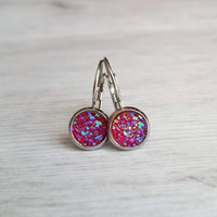 Pink Red Drusy Earring - rough bumpy faux rock druzy/hypoallergenic stainless steel latching leverback - jagged iridescent stone imitation - Constant Baubling
