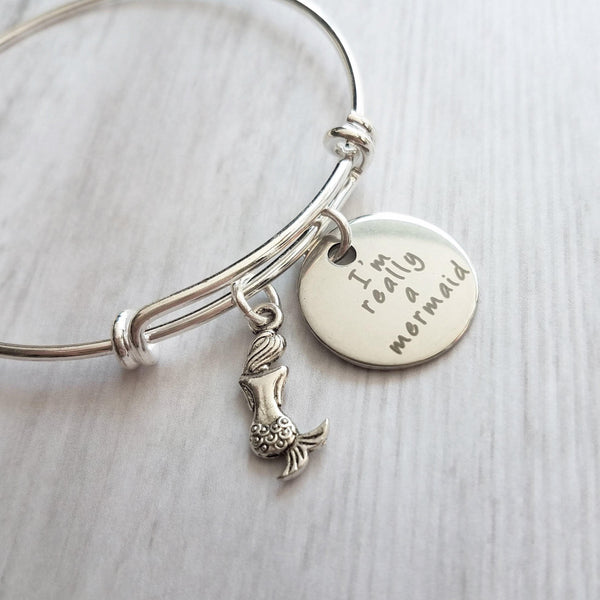 Mermaid Charm Bracelet - silver adjustable wire bangle - fantasy vacation sea theme underwater birthday gift - I'm really a mermaid - Constant Baubling