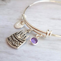 Happy Birthday Bracelet - adjustable silver bangle & cake charm, birthstone, personalized initial disk, keepsake jewelry, memento party gift - Constant Baubling