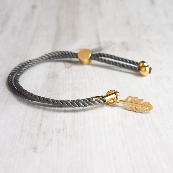 Gold Feather Bracelet, grey cord bracelet, gray gold bracelet, thin bracelet, stacking bracelet, twisted bracelet, minimalist, simple charm - Constant Baubling