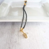 Gold Feather Bracelet, grey cord bracelet, gray gold bracelet, thin bracelet, stacking bracelet, twisted bracelet, minimalist, simple charm - Constant Baubling