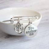 Love & Friendship Bracelet - you anchor me - silver wire adjustable bangle charm bracelet - support rock - wife/best girl friend gift - Constant Baubling