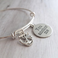 Love & Friendship Bracelet - you anchor me - silver wire adjustable bangle charm bracelet - support rock - wife/best girl friend gift - Constant Baubling