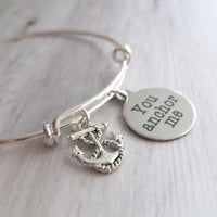 Love & Friendship Bracelet - you anchor me - silver wire adjustable bangle charm bracelet - support rock - wife/best girl friend gift - Constant Baubling
