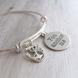 Love & Friendship Bracelet - you anchor me - silver wire adjustable bangle charm bracelet - support rock - wife/best girl friend gift - Constant Baubling