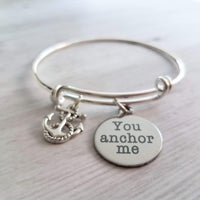 Love & Friendship Bracelet - you anchor me - silver wire adjustable bangle charm bracelet - support rock - wife/best girl friend gift - Constant Baubling