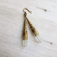 Long Thin Drop Earrings, frosted glass earring, sea glass earring, green grey earring, sea glass teardrop, bronze filigree earring, cone - Constant Baubling