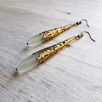 Long Thin Drop Earrings, frosted glass earring, sea glass earring, green grey earring, sea glass teardrop, bronze filigree earring, cone - Constant Baubling