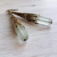 Long Thin Drop Earrings, frosted glass earring, sea glass earring, green grey earring, sea glass teardrop, bronze filigree earring, cone - Constant Baubling