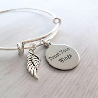 Graduation Jewelry - silver adjustable bangle double loop wire bracelet - Trust Your Wings charm - motivation, fly, encourage, take chances - Constant Baubling