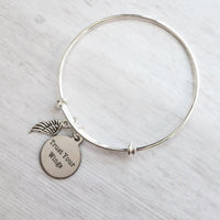Graduation Jewelry - silver adjustable bangle double loop wire bracelet - Trust Your Wings charm - motivation, fly, encourage, take chances - Constant Baubling