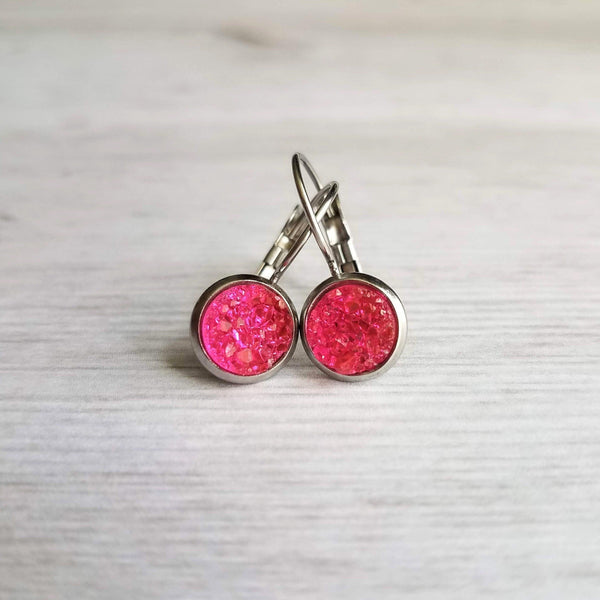 Small Hot Pink Earrings, stainless steel earrings, hypoallergenic earrings, lever back earrings, fuchsia earrings, faux stone earrings druzy - Constant Baubling
