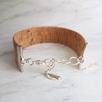 Cork Bracelet, silver adjustable chain, wide cuff bracelet, wide wood bracelet, flat cork bracelet, light brown wood bark wrap bracelet - Constant Baubling