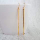 Gold Bar Earrings, gold line earring, gold stick earring, gold tube earring, long thin gold earring, straight line earring, skinny cylinder - Constant Baubling