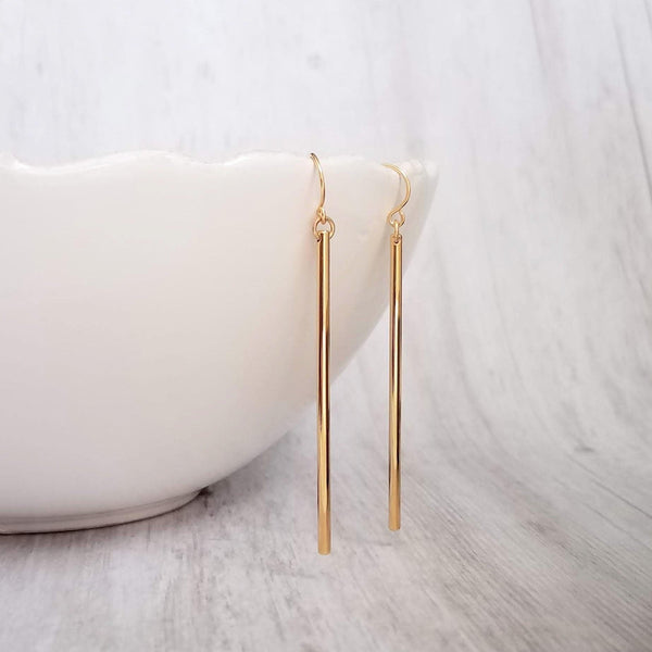 Gold Bar Earrings, gold line earring, gold stick earring, gold tube earring, long thin gold earring, straight line earring, skinny cylinder - Constant Baubling