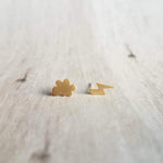 Lightning Cloud Stud Earrings, small gold stud, mismatched stud, rain storm earring, bolt earring, .925 sterling silver post weather earring - Constant Baubling