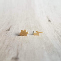 Lightning Cloud Stud Earrings, small gold stud, mismatched stud, rain storm earring, bolt earring, .925 sterling silver post weather earring - Constant Baubling
